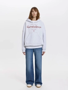 Felpa con cappuccio oversize grigio chiaro da donna con tasca a marsupio e stampa
