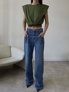 Women High Waisted Wide Leg Jeans Cotton Denim Washed V-Shaped Waist Retro Straight Streetwear Pants