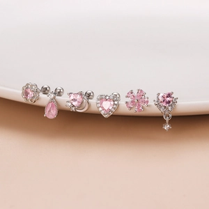 Pink zircon earrings set in silver stainless steel featuring flower and moon shapes
