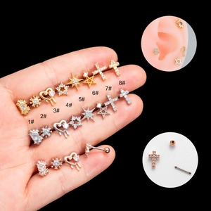 20G Stainless Steel Zirconia Stud Earrings Heart Star Cross Ball Screw Back Ear Bone Piercing Jewelry For Women