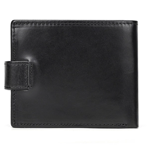 Detailed view of black genuine leather wallet showing stitching and snap buckle closure