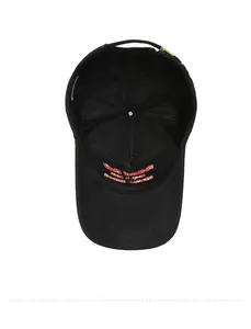 Detail view of cotton baseball cap interior showing embroidery and metal adjustment buckle