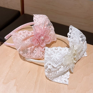 Pink and white lace flower headbands with pearls and tassels for young girls