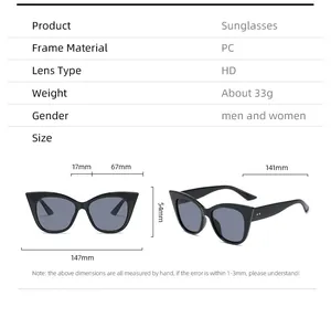 Detailed size chart for oversized cat-eye sunglasses with PC frame and HD lenses