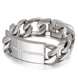 Bracelet Gourmette Homme En Acier Inoxydable Avec Croix Strass Infini Plaque ID Bijoux Hip Hop Punk