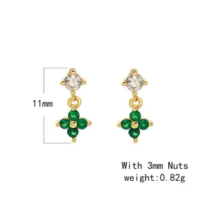 Gold s925 silver four leaf clover drop earrings with green zircon gems and white diamond