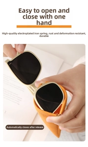 Orange leather sunglasses pouch with electroplated iron spring clip for easy single hand use