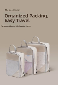 Three-piece set of cream travel organizers with breathable mesh and top handles for luggage