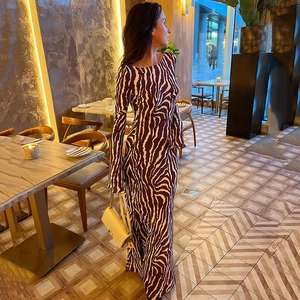 Detail view of brown and white zebra print on long sleeve bohemian maxi dress