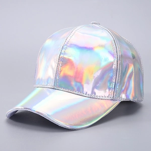 Metallic iridescent holographic baseball cap with reflective rainbow finish and silver base