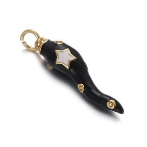Close-up of black chili pendant with gold accents and a white star for DIY jewelry