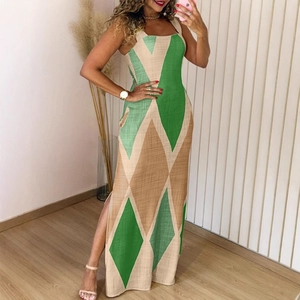 Slim fit sleeveless maxi dress featuring green geometric contrast pattern and side slit