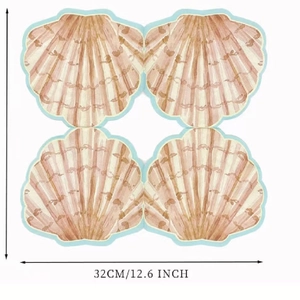 Detail showing shell-shaped party napkins in light brown and blue, measuring 12.6 inches