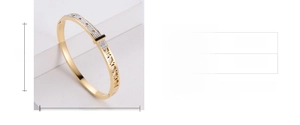 Detailed size specifications of gold hollow bangle with roman numerals and crystals
