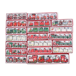 Christmas wooden train set ornaments with snowman and santa motifs for holiday gift decor