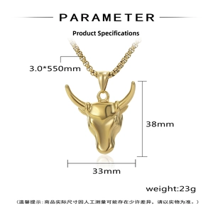 Detailed size parameters of gold bull head pendant with 550mm chain dimensions