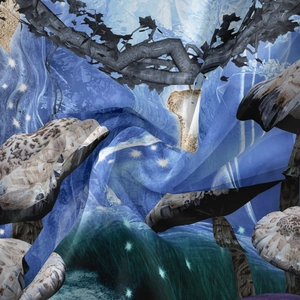 Detailed view of silky bohemian mushroom tapestry with fantasy forest digital print