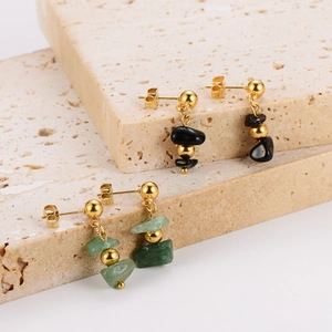 Minimalist gold stainless steel drop earrings with natural black and green stones