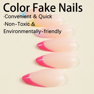 Almond-shaped French fake nails with pink base and rose red diagonal tip design