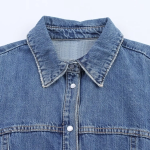 Close-up of a blue denim shirt dress featuring a sharp collar and metallic buttons