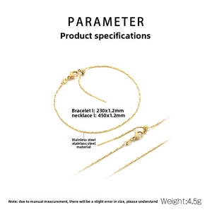 Technical drawing of adjustable gold stainless steel necklace and bracelet with size details