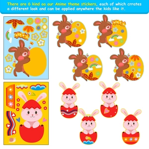 Detail showing 6 packs of Easter bunny puzzle stickers with eggs and rainbow designs