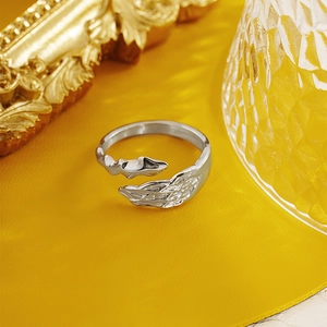 Vintage angel and devil wing titanium steel open ring in adjustable silver finish