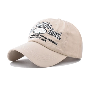 Vintage beige cotton baseball cap with Dolphin Hotel embroidery for outdoor casual wear