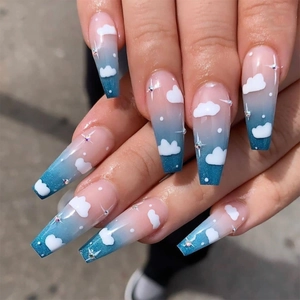 Long Coffin Press On Nails Blue Pink Ombre Cloud Rhinestone Glitter Fake Nails Artificial Finger Nails For Women