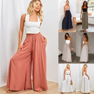 Pantalon Large Taille Haute Pour Femme Coupe Ample Cordon De Serrage Poches Été Décontracté Vacances Uni Imprimé Fleuri