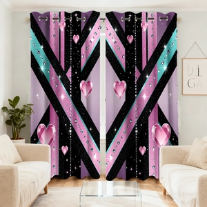 Detail of pink hearts and geometric patterns on blackout curtains with silver grommets