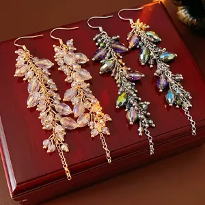 Bohemian Crystal Tassel Drop Earrings Vintage Ethnic Alloy Faceted Bead Geometric Ear Hook Jewelry For Women