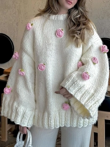 Elegant Women Round Neck Chunky Knit Sweater Textured Rose Floral Decor Long Sleeve Loose Casual Fashion Pullover Top