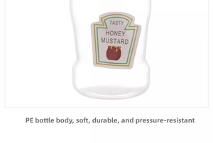 Close-up of portable PE plastic condiment squeeze bottle with honey mustard label