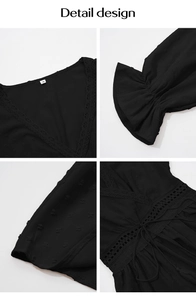 Détails du col en V avec dentelle et tissu à pois avec cordon de serrage sur haut noir