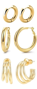 Detailed view of three styles of polished gold S925 silver hoop earrings on white background