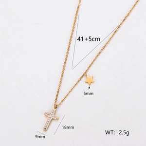 18k gold plated stainless steel necklace with sparkling diamond cross and star charms