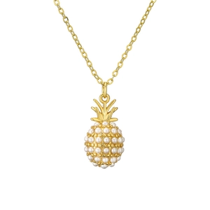 Gold pineapple pendant necklace with white pearl inlay and thin O-chain for women