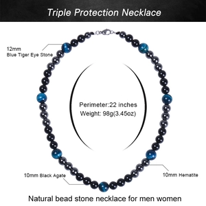 Collier triple protection avec oeil de tigre bleu, agate noire et hématite