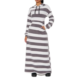 Detail of grey and white striped hooded maxi dress featuring a functional drawstring and pocket