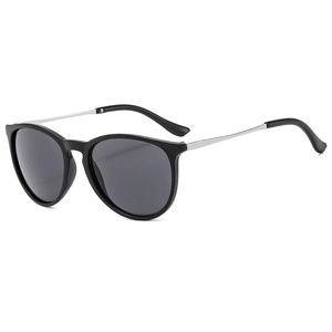 Modern round aviator sunglasses with black frames, silver metal legs and grey lenses