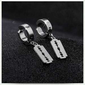 Punk style stainless steel razor blade drop earrings for men and women in silver finish