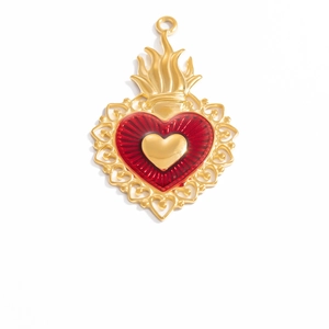 Gothic 18K gold plated stainless steel heart pendant with red texture and flame detail