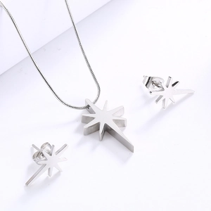 Detailed close-up of silver star-shaped pendant and matching earrings jewelry set