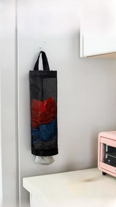 Porta sacchetti di plastica cilindrico da parete in rete di nylon nero per cucina