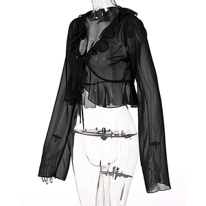 Detail of black sheer mesh top featuring ruffle trim, long sleeves, and front tie closure