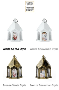 Detail view of retro Christmas lanterns in white and bronze with Santa and snowman patterns