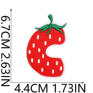 Detailed view of strawberry embroidered letter C patch showing dimensions 6.7cm by 4.4cm