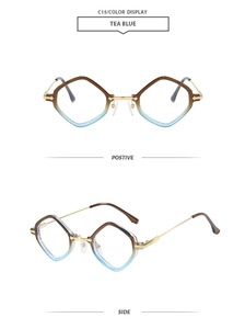 Detail view of tea blue gradient geometric sunglasses with gold metal temples and frames