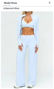 Detailed view of three-piece sky blue yoga set including jacket, sports bra and trousers